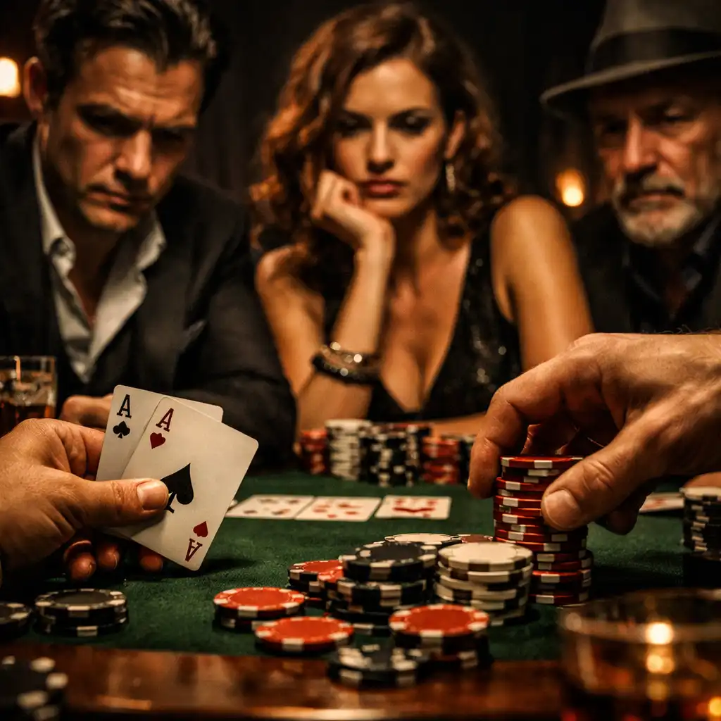 Gracze przy stole pokerowym w skupieniu