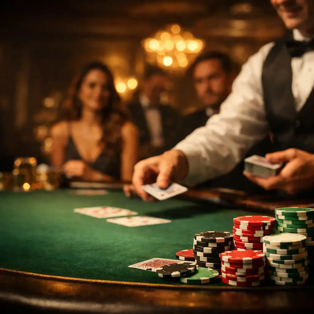 Elegancki stół pokerowy z krupierem i gośćmi
